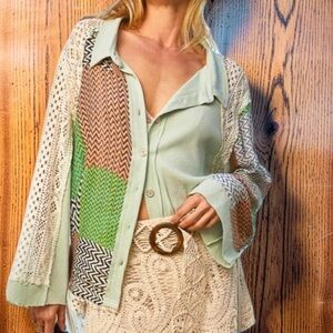 POL Color Block Crochet Long sleeve button down shirt  Oversized Large Boutique